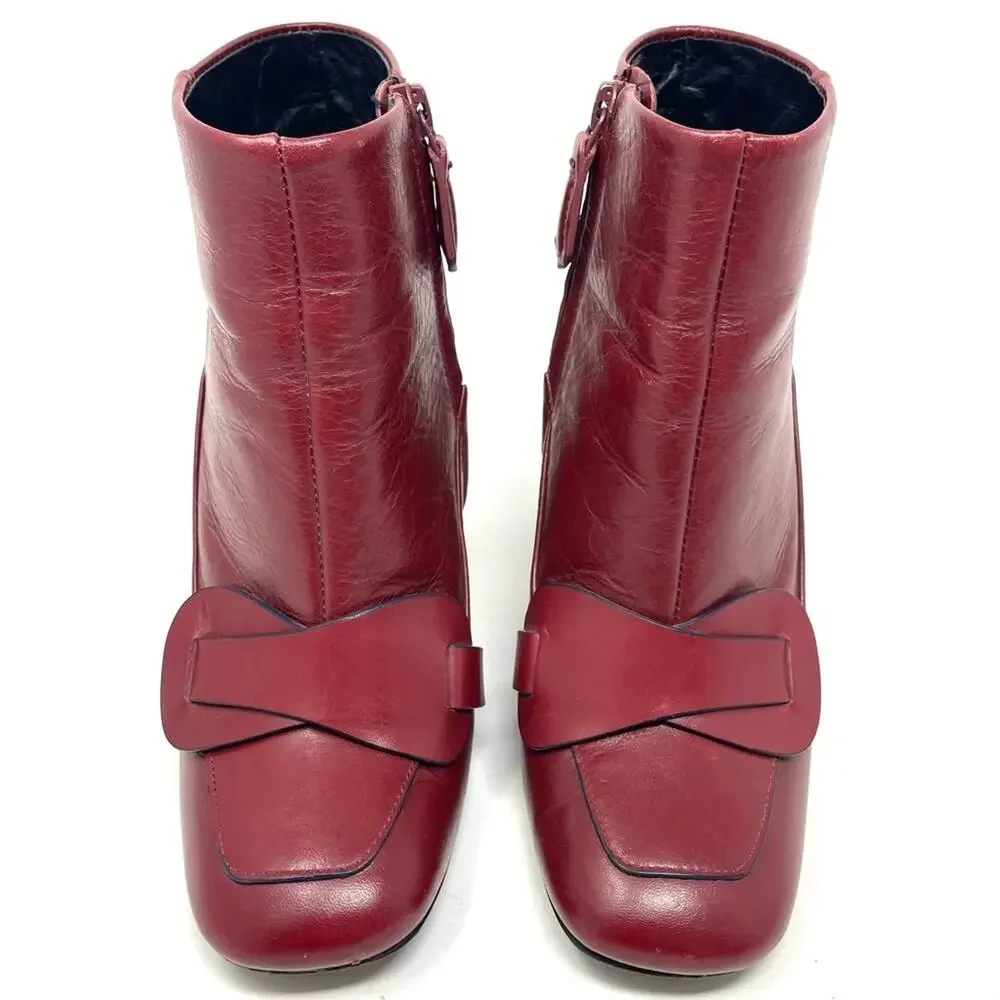 Tory Burch Burgundy Red Leather Stacked Heel Ankle Boots Women's Size 7, $498